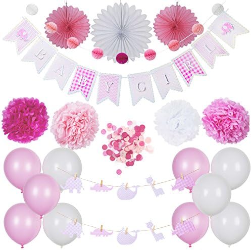 Baby Shower Decorations | It's a Girl | Baby Girl | Party Supplies Set | Pink/White | Hanging Banner Balloons Honeycomb Garland Paper Fans Pom Poms Confetti | Animal Theme | Indoor/Outdoor