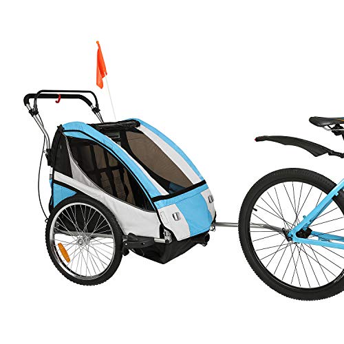 Clevr Elite 3-in-1 Double 2 Seat Bike Bicycle Trailer Jogger Stroller for Kids Children - Foldable for Storage, Light Blue - Thumbnail 2