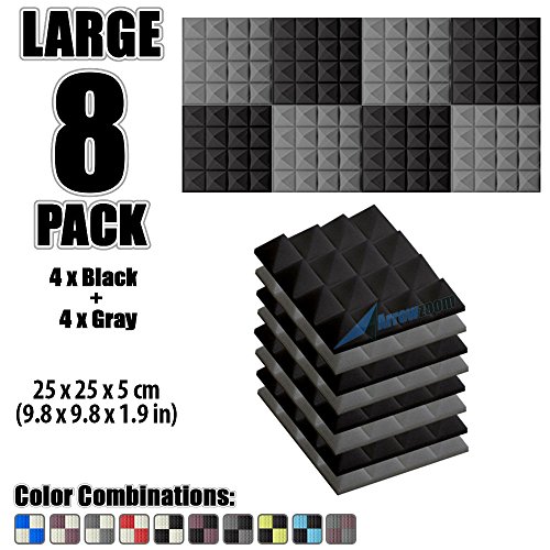 Arrowzoom New 8 Pack of 9.8 X 9.8 X 1.9 Inches Black and Gray Soundproofing Insulation Pyramid Acoustic Wall Foam Padding Studio Foam Tiles AZ1034 (BLACK &amp; GRAY)