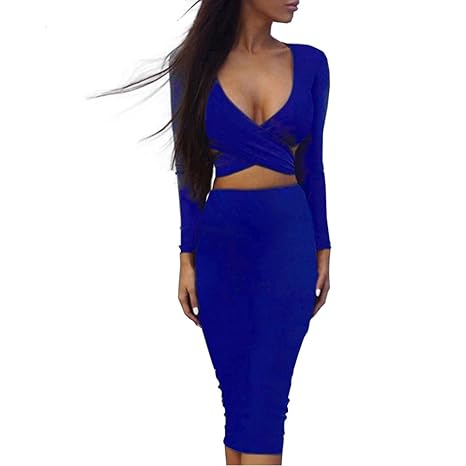 GRAVOG Figurbetontes Kleid Knielang, Sexy Fest V Ausschnitt Langarm Bodycon Kleid 2 teilig, Größen