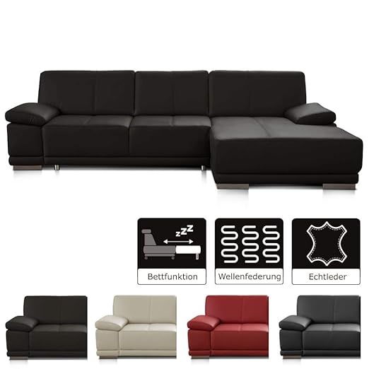 CAVADORE Schlafsofa Corianne mit Longchair rechts / Ledercouch in modernem Design / Inkl. beidseitiger Armteilverstellung / 2