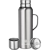 Insulated Vacuum Thermo Bottle 1000ml/33.8oz with Cup Stainless Steel Coffee Bottles for Hot and Cold Drink Water Flask.(Silver, with Handle, 1000ml)