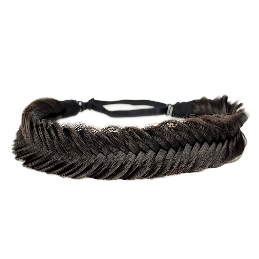 BOBIYA Wide Fishtail Synthetic Hair Braided Headband Classic Chunky Plaited Braids Elastic Stretch Hairpiece Women Girl (Deep Brown)