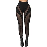 Atyfuniby Womens Leggings High Waisted - Sexy Skinny Mesh See Through Pants Party Clubwear