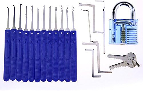 Suoyigou Professional 17 Piece Blue Lock Pick Set +1 Blue Transparent Padlock for Locksmith training