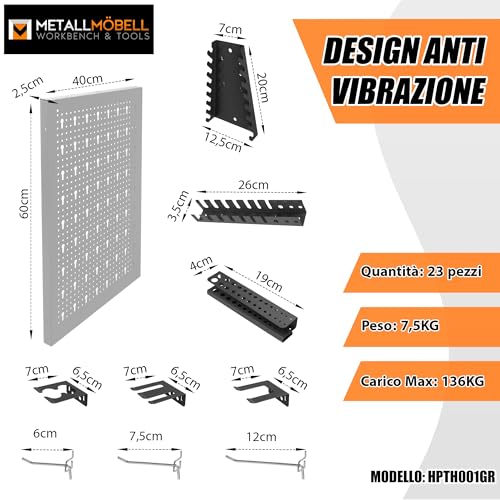 Metallmobell HPTH01G Tool Wall Panel 160 x 60 x 2 cm, 4 Perforated Panels, Hooks and Brackets, Wall Panels for Work Tools, Perforated Panel Tool Holder HPTH01G