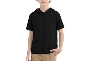 Boys Linen Hoodie Shirts Kids Short Sleeve Tshirts Button Down Hooded Shirt Summer Casual Tops Trendy Vacation Tees