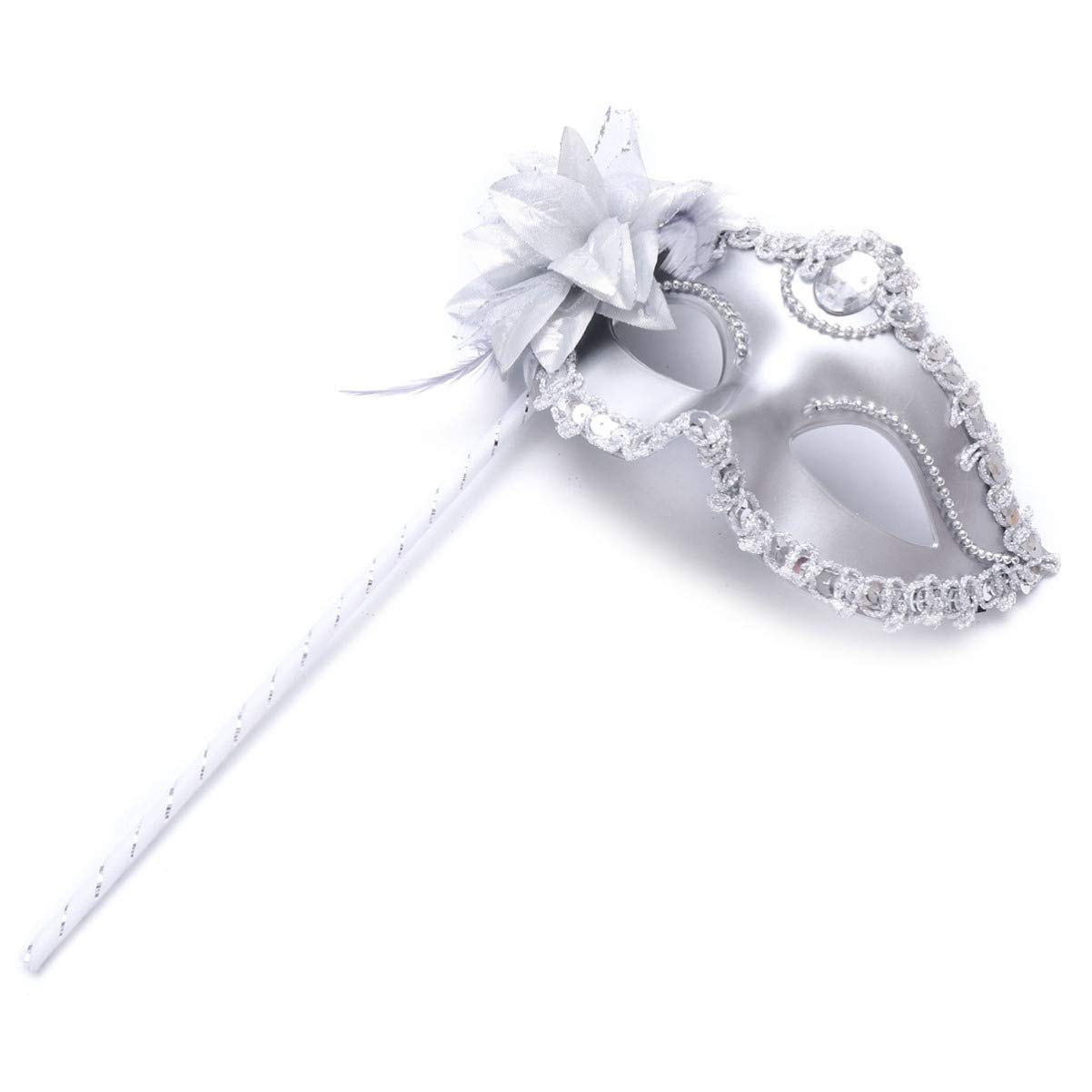 EXCEART 3pcs Masquerade with Stick and Feather Half-Face for Carnival, Prom, Ball, Fancy Dress, Venetian, Halloween - Silver