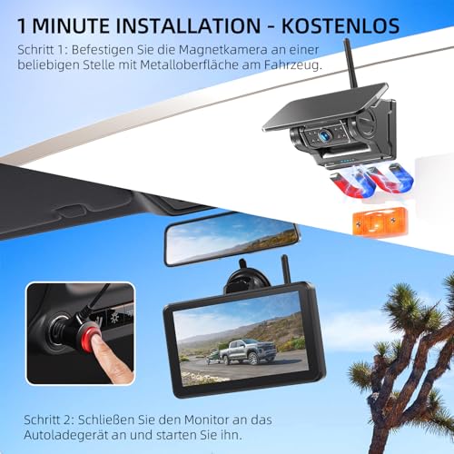 eRapta 2 Magnetic Solar Reversing Cameras Wireless with 7 Inch 1080P Touchscreen Monitor: 12000 mAh Battery, 1 Minute DIY Installation, IP69K Waterproof Reversing Cameras for Motorhome, Caravan
