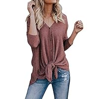 Womens Henley Tops Long Sleeve T Shirt V Neck Knit Tunic Blouse Rust Red S