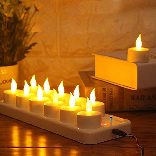 EXPOWER Flameless Candles - 12 Rechargeable LED Flickering Tea Lights + 12 Frosted Cups - Comes With Charging Base, No Battery Needed