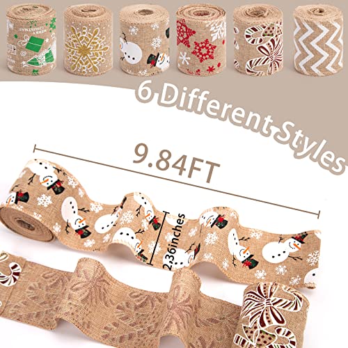 TOXOY Burlap Ribbons, 6 Rolls Jute Ribbons Christmas Ribbons Wired Ribbons 20 Yards for Crafts Gift Wrapping Decor