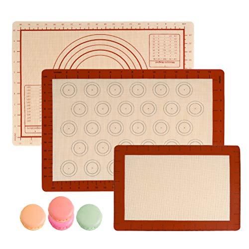 OFNMY Silicone Baking Mat with Measurements - Set of 3 100% Non Stick Baking Mats, Pastry Mat & Macaroon Silicone Mat - 2 Half Sheet Liners and 1 Quarter Sheet Silicone Mat for Baking Pan, Dough Rolli