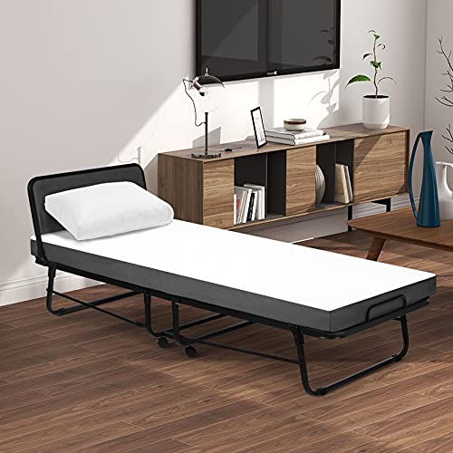 Single Folding Bed with Mattress & Headboard,Rollaway Guest Bed with Sturdy Metal Frame,Memory