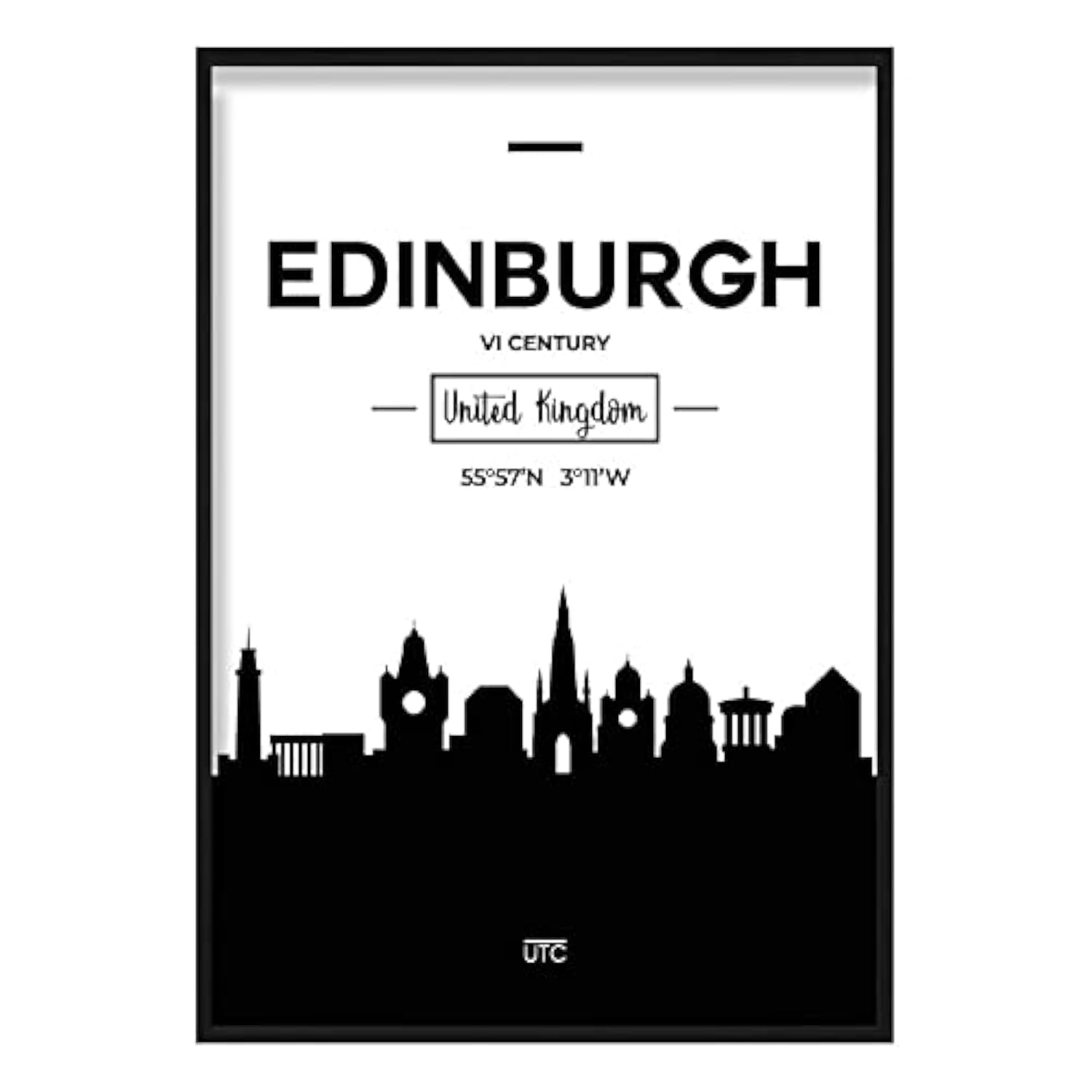 Artze Wall Art Edinburgh Scotland Skyline Cityscape Print, A4 Size, Black/White