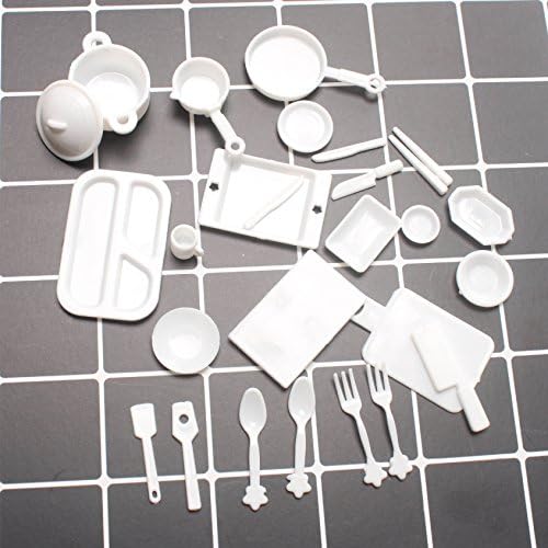 SIX VANKA 25pcs Miniature Decoration Kitchenware Tableware Play Food Set for Kids Birthday Play Kitchen Cooking Childrens DIY Decor Doll House Toys (White Mini Tableware Sets)