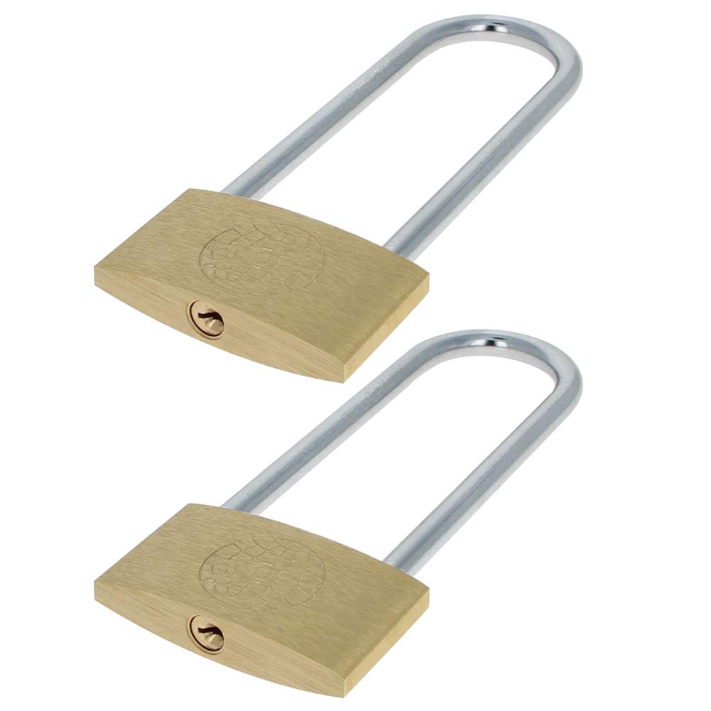 MroMax Brass Padlock, Keyed Alike, 60mm Wide Brushed Finish Long Harden Shackle, Waterproof Rust-Proof Door Lock Long Beam Lock for Drawer, Gym, Cabinet, Warehouse, 2Pcs