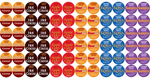 Copper Moon Coffee Single Serve pods for Keurig 2.0 K-Cup Brewers, Customers Favorites Variety Pack (12 Caramel Cappuccino, 12 Cider, 12 Cocoa, 12 Donut Cafe, 12 Kona, 12 Sumatra)