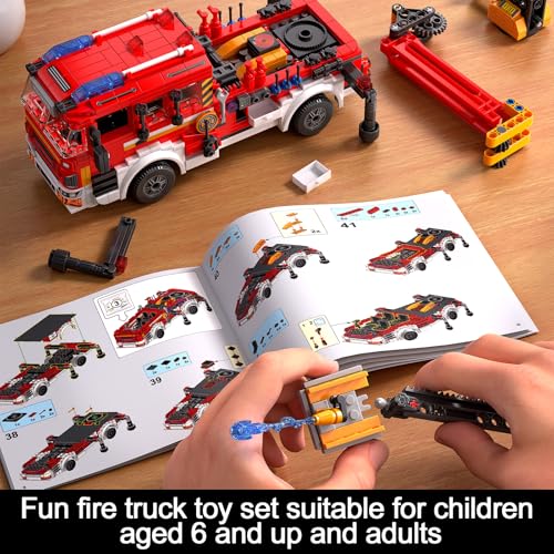 City Fire Truck with Ladder Toy (798PCS), Collectible Emergency Vehicle Model Kit, Birthday Gift for 6 Year Old Boys Girls and Adults