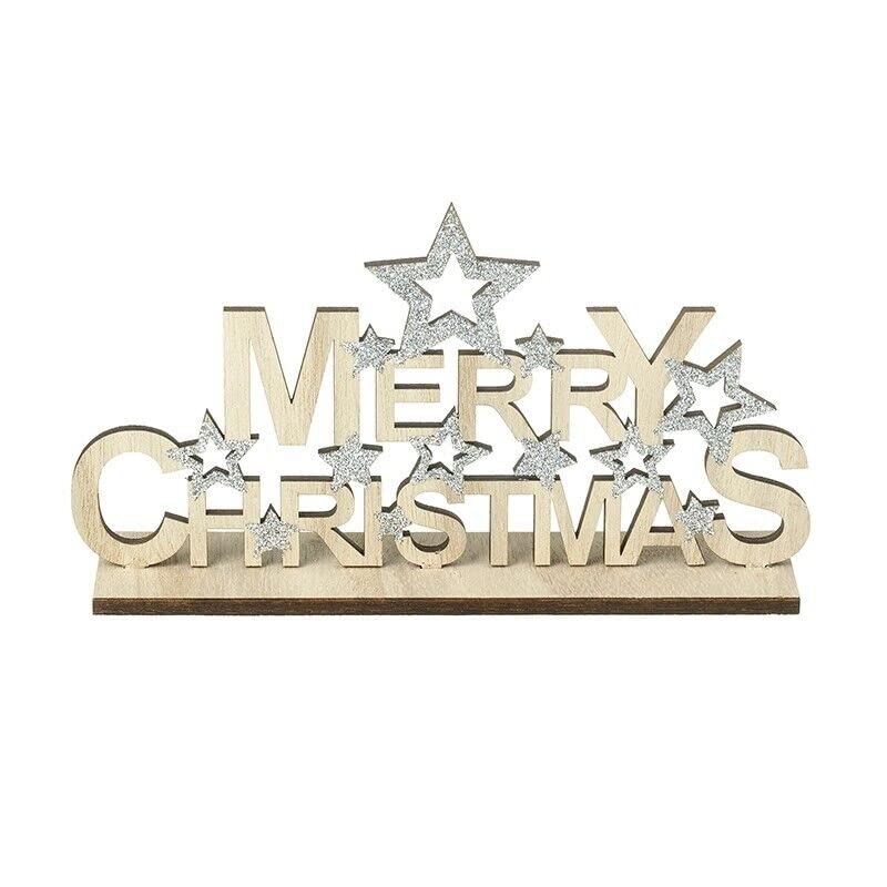 'Merry Christmas' Wooden Table Top Decoration with Silver Stars 18cm Long Plaque
