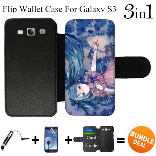 Cute Anime Blue Miku Custom Galaxy S3 Cases Flip Wallet Case,Bundle 3in1 Comes with Screen Protector/Universal Stylus Pen by innosub