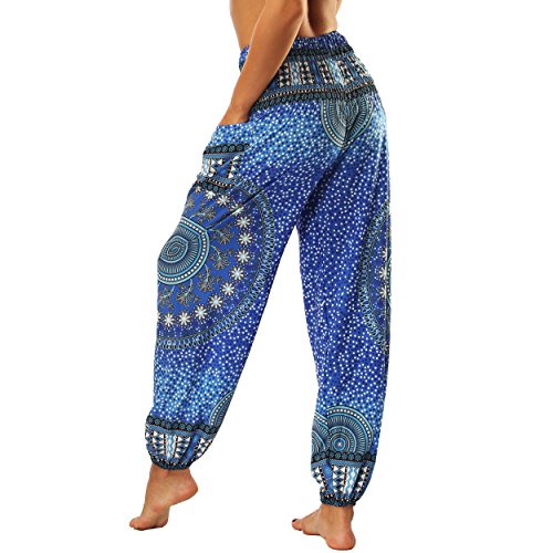 Nuofengkudu-Dame-Hippie-Hose-Pumphose-Haremshose-Boho-Gemustert-Gesmockte-Taille-mit-Taschen-Freizeithose-Sommerhose-Yogahose