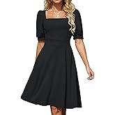 ISIHIEI Square Collar Aline Dresses for Women Work Puff Half Sleeve Fit and Flare Business Casual Dress with Pockets
