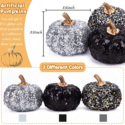 DomeStar Artificial Pumpkins, 3 PCS Glitter Fake Pumpkins Faux Pumpkins with Sequins and Fake Diamonds for DIY Halloween Thanksgiving Fall Harvest