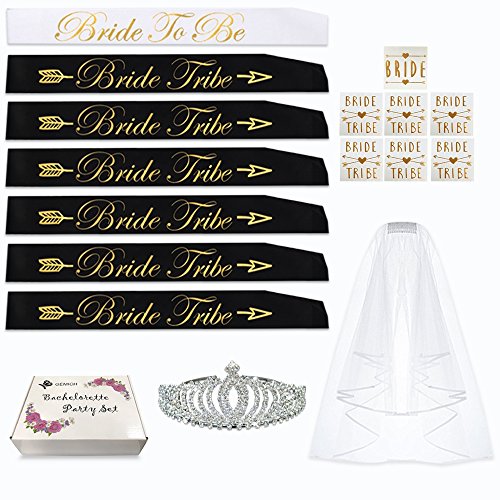 BACHELORETTE PARTY DECORATIONS SET: 7 Bride to be sash/Bride tribe Sash,Rhinestone Tiara,Veil/Comb,7 Bride/Bride Tribe tattoos for Bridesmaids, Bridal shower favors & accessories and supplies kit.