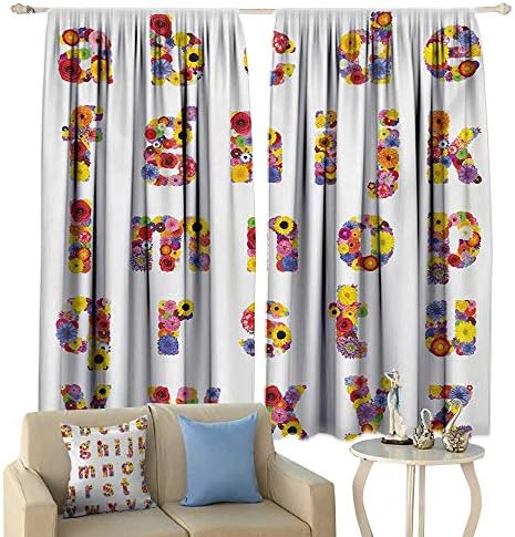 clayii Blackout Curtains Letters Floral Alphabet with Blooming Letters Sunflower Cornflower Dahlia Rainbow Image Privacy Protection Multicolor