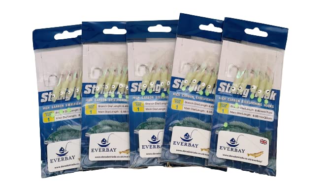 EVERBAY Fishing Sea Rigs 5packs Multi Hooks for Mackerel, Pollock, Bass, Cod, Feather Baits, Sea Lures Boat Fishing Tackle,Real Fish Skins,Hooks with Luminous Beads for Saltwater size 1#/5hooks