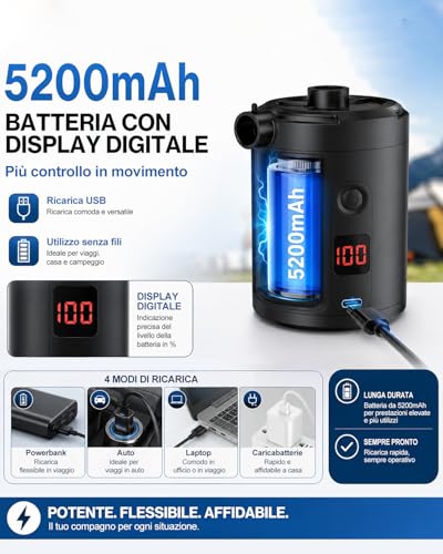 Lytool Pompa Elettrica 5200mAh con Display Digitale, 4 KPa Portatile Rapida 280L/min con 3 Ugelli e Anello per Piscina, Vacuum, Campeggio e Materasso Gonfiabile
