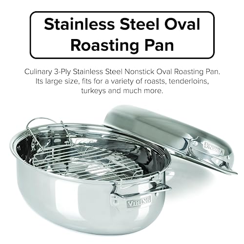 Viking Culinary 3Ply Stainless Steel Oval Roasting Pan, 8.5 Quart