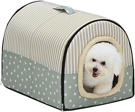 ACTNOW 2-in-1 Pet House and Portable Sofa Non-Slip Dog Cat Igloo Beds Warm Lovely Pet House Gift for Pet 3-Size (L, Green Stripes)