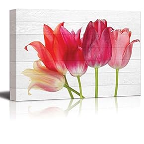Bouquet of Pink and Coral Tulip Flowers Over White Wooden Panels - Canvas Art Home Art - 12x18 inches