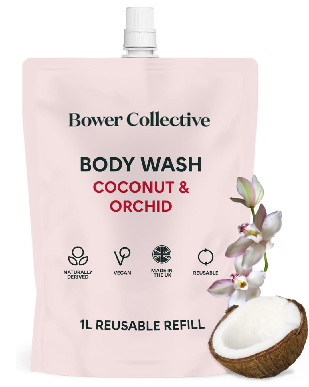 Bower Collective Coconut & Orchid Natural Body Wash Refill Pouch 1 Litre, Organic Moisturising Shower Gel with Essential Oils, Zero Plastic Waste — image 1