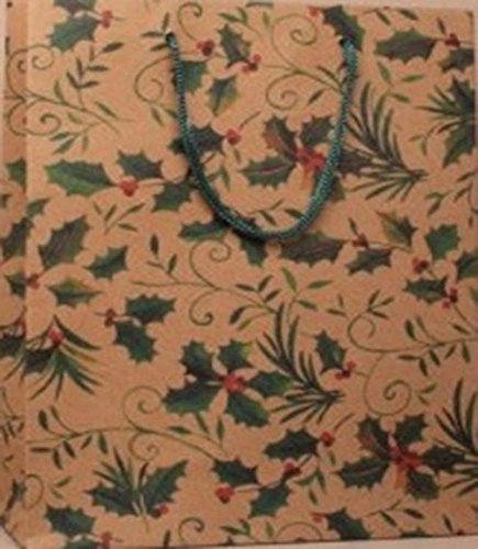 Pack of 12 Christmas Gift Party Bags Natural Paper Xmas Gift Packaging Holly Bag- (Holly Large H24 x W19 x D8cm)