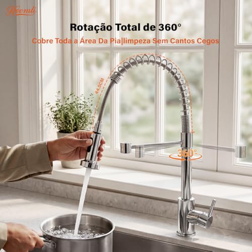 Heemli Torneira Cozinha Gourmet Monocomando Aço Inox Com Spray Extensor,Torneiras Misturadoras de água Quente e Fria,Dois Modos de Distribuição de água（Jatos de água e chuveiros） (Prata)