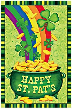 Double Sided Decorative Custom Flag Happy St.Pat'S-Rainbow With A Tank Of Gold Coins And Shamrocks Fade And Mildew Resistant Waterproof Garden Flags 28 X 40 Inch 100% Polyester Banner