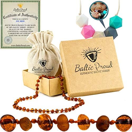 Baltic Amber Teething Necklace for Babies (Cognac Raw & Polished)+FREE Silicone Teether