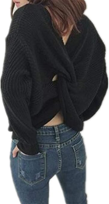 Saodimallsu Womens Oversized V Neck Five-Point Sleeve Pullover Sweater Deep V Kinked Behind 