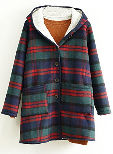 Generic Womens Winter Plaid Hooded Sheepskin Liner Thicked Wool Coat Red OS