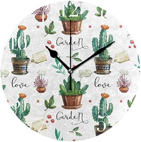 FunnyCustom Round Wall Clock Cactus Watercolor Acrylic Creative Decorative for Living Room/Kitchen/Bedroom/Family
