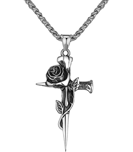 Vintage Cross Pendant Necklace for Men Women Rose Flower Necklace