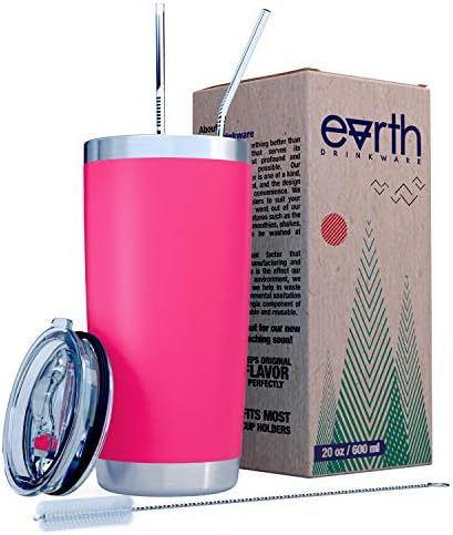 Earth Stainless Steel Tumbler with Splash Proof Lid (20 oz.) Double Walled Insulated Coffee Cup for Travel, Work, Gym, Fitness | Hot and Cold Drink Use | Reusable Drinking Straw - Hot Pink
