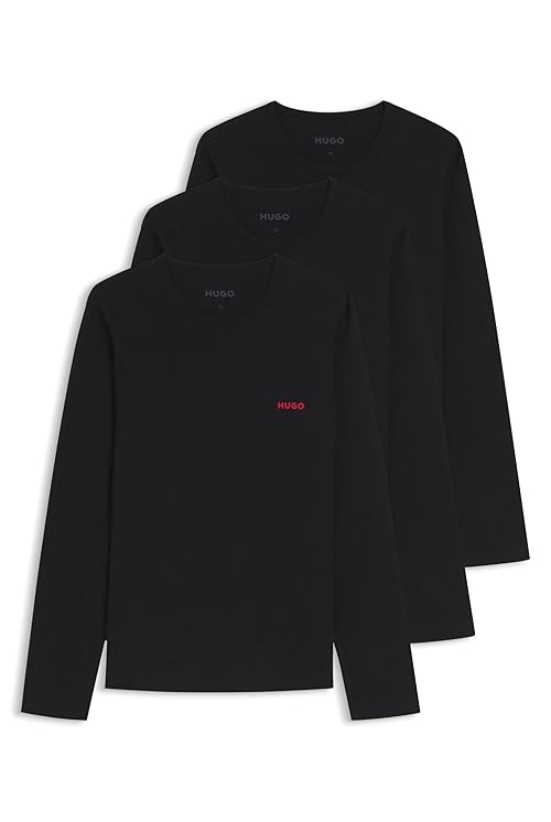 HUGO Mens LS-Shirt RN Triplet Three-Pack of Cotton Underwear T-Shirts with Logos Black