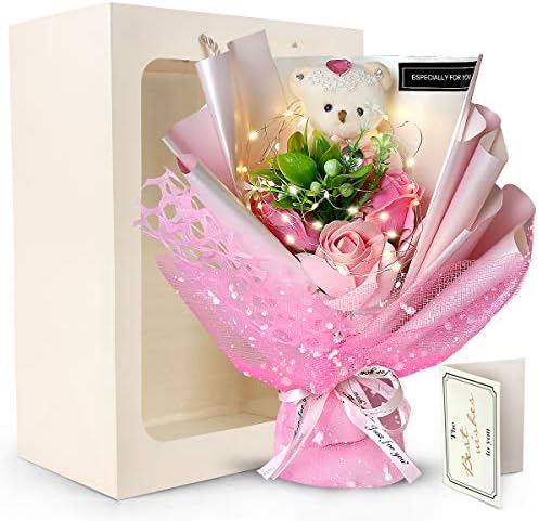 RERXN 天使フラワー ソープフラワー ギフト ぬいぐるみ花束 造花 ブーケ 蔷薇 バラ 枯れない花 石鹸 花 母の日のプレゼント 結婚記念日 お見舞い 敬老の日 還暦祝い 開店祝い 新居祝い 出産祝い 引越し祝い 退職 お礼 卒業祝い 発表会 送別 会 クリスマスプレゼント 誕生日プレゼント女性 人気 など 手提げ袋 メッセージカード付き (ピンク(LED))