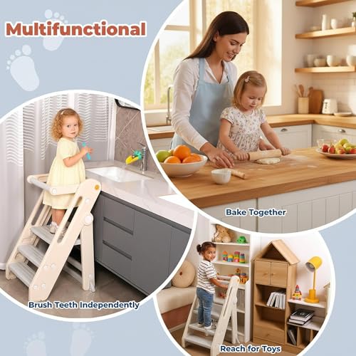 Beauenty Learning Tower, Foldable Children'S Kitchen Step Stool, Adjustable Height Step Ladder Montessori Kids Standing Tower, With Handles, Safty Rail, For Kitchen Counter Bathroom Sink Child Ladder