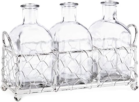 Skalny 84807 Rectangle Metal Tray W/3 Glass Bottle Vases