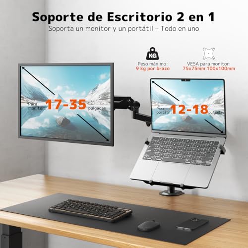 PUTORSEN Soporte para Monitor con Brazo para Laptop para Pantallas de 17 a 35 Pulgadas y Notebooks hasta 18 Pulgadas, Totalmente Ajustable con Resorte de Gas, Carga Máxima de 20 kg, VESA 75/100mm